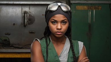 A confident young woman with pilot goggles stands in a vintage-style workshop, feminine power and