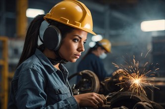 A focused female worker in safety gear welds a piece of metal, sparks flying around her, women at
