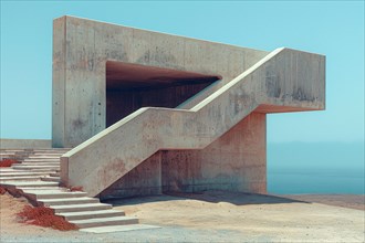 Geometric concrete building with angular form under a clear blue sky, AI generated