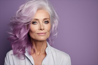 Middle-aged or elderly woman with bold punkish purple dyed hair in front of studio background. KI