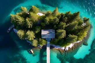 Drone view top down perspective of a minimalist cabin solitary on a secluded island, AI generated,