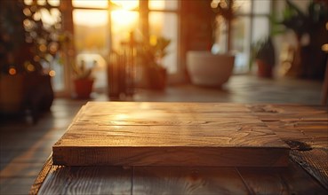 Sunlight casting a warm glow on a wooden surface with soft bokeh effect AI generated