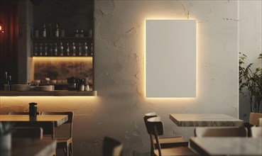 A dimly lit dining space with an empty backlit frame creating a cozy and stylish atmosphere AI