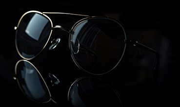 Stylish round sunglasses with gold frames and dark lenses against a dark background AI generated