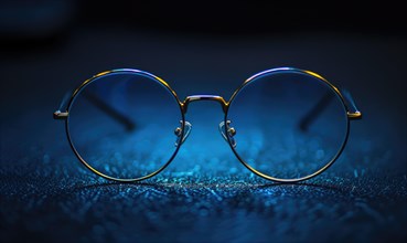 Stylish round-lensed eyeglasses illuminated with blue light on dark surface AI generated