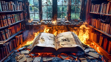 Symbolic image for a book burning, a large heavy old book printed with many pages, starts to burn