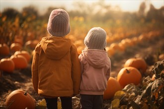 Back view of children in front of pumpkin field. KI generiert, generiert AI generated