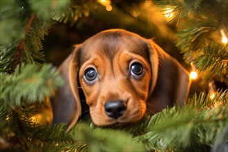 Close up of cute Dachshund dog puppy hiding in Christmas tree. KI generiert, generiert AI generated