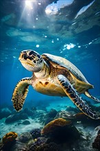 Turtle ensnared by plastic debris battles the ocean currents, AI generated