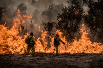 Firefighters engage a roaring wildfire, AI generated