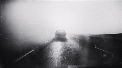 Rain streaks the rear window of a car driving along a wet road, captured in black and white, AI