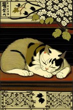Sleeping cat depicted in a calm traditional Japanese ukiyo-e style, vertical aspect, AI generated