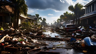 Aftermath of a hurricane focusing on a community united in cleaning, AI generated