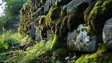 Ancient city wall weathered stones embraced by moss testament to resilience endurance through time,