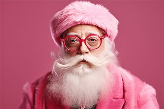 Elderly man with long white beard in modern Santa claus interpretation costume with pink coat, hat