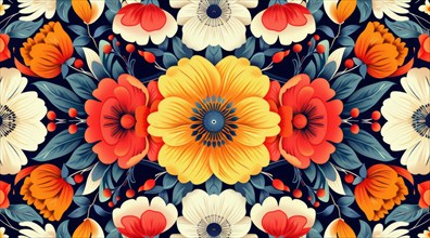 Vibrant symmetrical pattern of colorful flowers in digital art, suitable for decorative wallpaper,