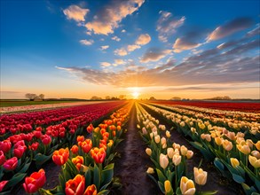 Sunrise illuminates an endless field of multicolored tulips, AI generated