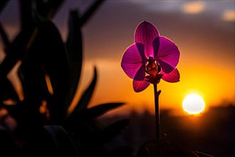 Orchid silhouette stands out against a vivid backdrop of a sunset, AI generated