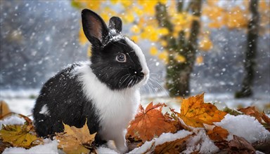 KI generated, A black and white dwarf rabbit in a meadow with autumn leaves, onset of winter, ice,