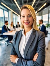 Self-confident woman with blonde hair stands with crossed arms in the office, Professional