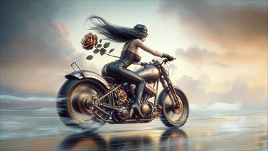 A stylized image of a woman riding a motorcycle by the ocean at sunset, conveying a sense of