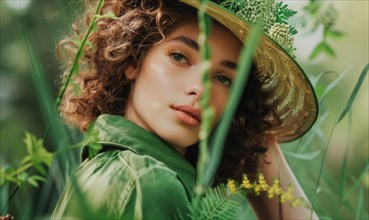 Portrait of a contemplative woman in a straw hat and green blouse amidst lush greenery AI generated