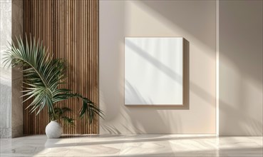 Minimalist modern space with a potted palm, sunlight casting shadows, and an empty frame against
