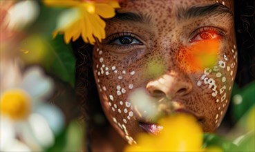 Close-up of a face with vibrant paint and flowers highlighting nature-inspired artistry AI