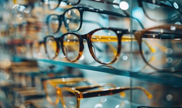Close-up of various eyeglass frames on a shelf in a store AI generated