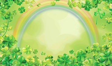Soft-focused clovers frame a rainbow, creating a calming and dreamy circular green pastel scene AI