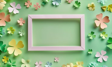 A minimalistic design with a pastel pink frame surrounded by paper cut shamrocks AI generated