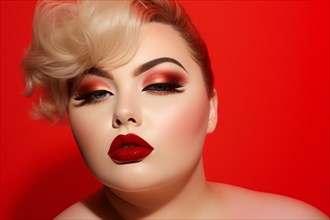 Face of beautiful cury plus size woman with bold glamourous makeup with dark eyeliner, red