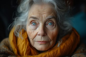 Close-up of an elderly woman with contemplative blue eyes in a golden scarf, AI Generated, AI