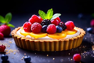 Colorful fruit tart featuring gluten free almond flour crust vegan pastry cream fresh berry toppin,
