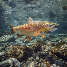 Salmon (Salmo salar) on the migration and swim up a stream in shallow, clear water, ai generiert,