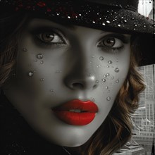Elegant woman with red lips, water droplets on her face and hat, against black and white backdrop,