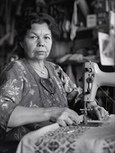 Focused woman using a sewing machine in a workshop, illustrating craftsmanship, AI generated