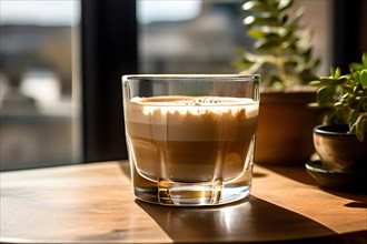 Cortado equal parts espresso and warm milk in a transparent glass cup, AI generated
