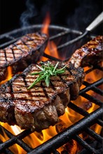 Grilled steaks over flames with rosemary, smoke rising up, AI generated