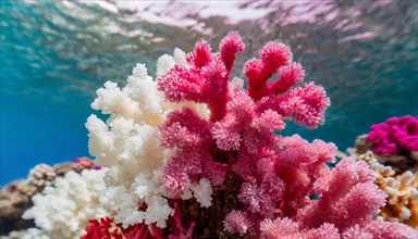 AI generated, red and white corals in the sea, polyps, small marine animals