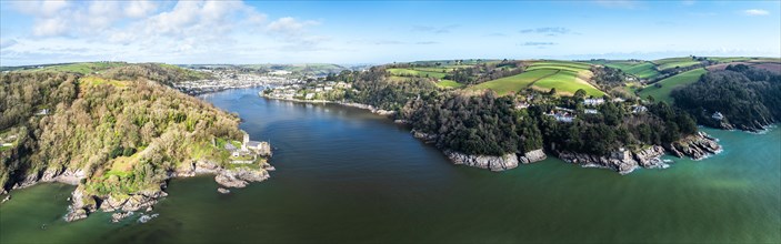 Panorama of Dartmouth Castle and Kingswear Castle over River Dart from a drone, Dartmouth,