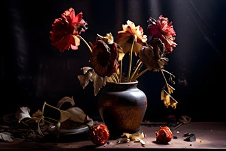 Artistic still life of wilted flowers, AI generated