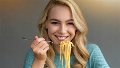 AI generated, An attractive woman eats a plate of spaghetti with relish