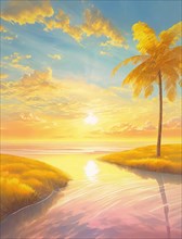Summertime seaside pastel colors illustration. Summer sunrise scenery on a tropical beach. Sea