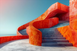A vibrant red staircase contrasts against a clear blue sky, AI generated