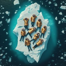 Group of people in yellow golden puffer jacket lies on a block of ice alone in the middle of the