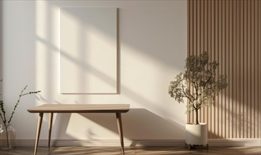 A modern, clean interior with a wooden bench, empty frame, and a floor plant under natural sunlight