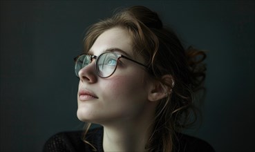 A contemplative woman in glasses with a serene expression in blue tones AI generated