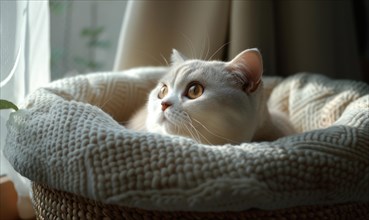 A pensive cat gazes out from a cozy basket under natural light AI generated