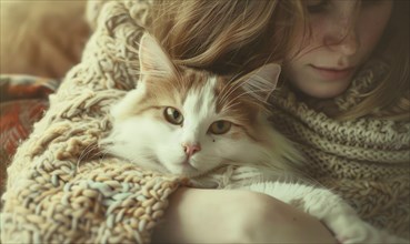 Cozy moment captured with a woman and her cat in a warm embrace AI generated